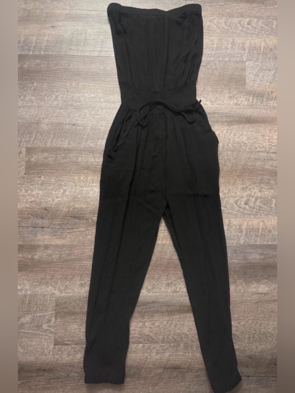 Strapless Black Tie-Waist Jumpsuit